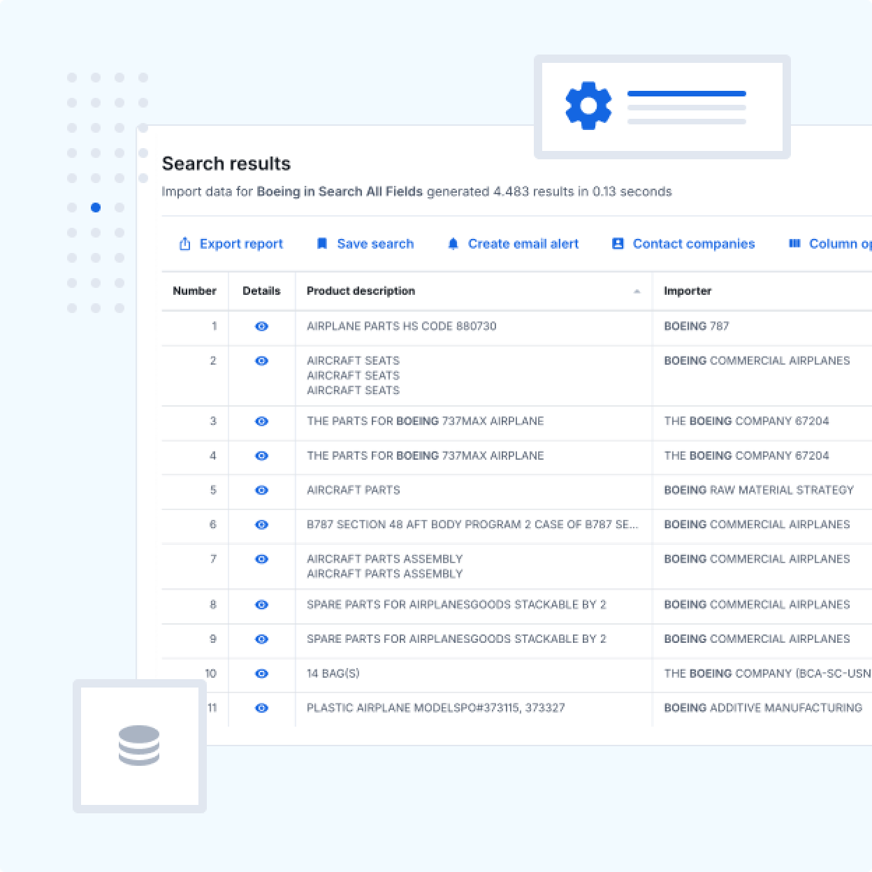 Aerospace search results dashboard screenshot